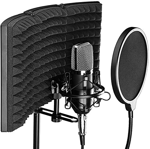 TECHBLAZE Microphone Isolation Shield with 360° Doubled Layer Pop Filter High Density Sound Absorbent Foam Reflector for Studio Recording Streaming (3 PANEL) - Image 1