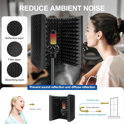 TECHBLAZE Microphone Isolation Shield with 360° Doubled Layer Pop Filter High Density Sound Absorbent Foam Reflector for Studio Recording Streaming (3 PANEL) - Image 4