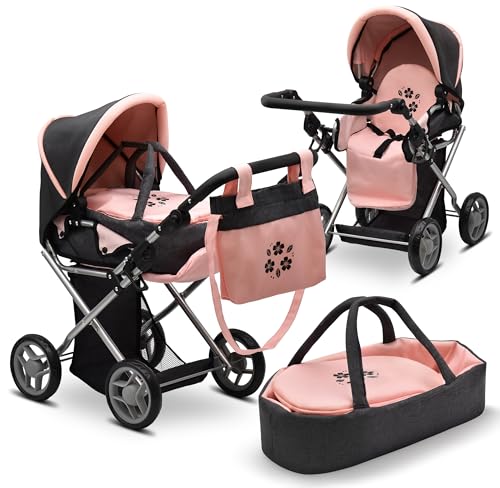 Dolls To Play Baby Doll Convertible Pram Stroller with Removable Travel Bassinet Carrier for Kids Adjustable Handle Buggy Carriage with Canopy and Storage Basket 25 Inch Pink Black - Image 1