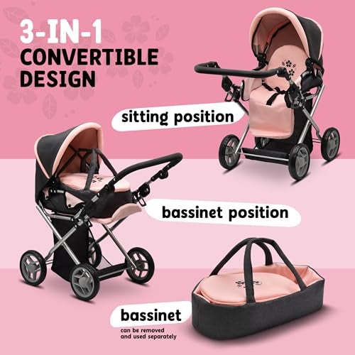 Dolls To Play Baby Doll Convertible Pram Stroller with Removable Travel Bassinet Carrier for Kids Adjustable Handle Buggy Carriage with Canopy and Storage Basket 25 Inch Pink Black - Image 5