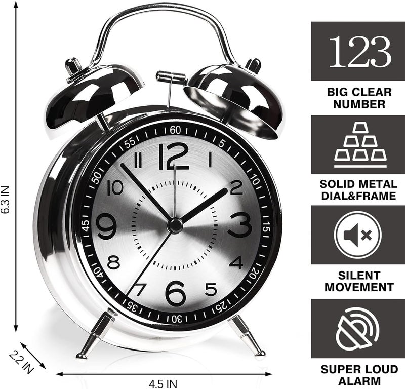 PRIMESKY ® Alarm Clock for Heavy Sleepers Loud Clock for Adults, Metal 4 Inches Twin Bell Table Clock with Backlight Alarm Clocks for Students Decoration Bedroom/Office (Metal Silver) - Image 2