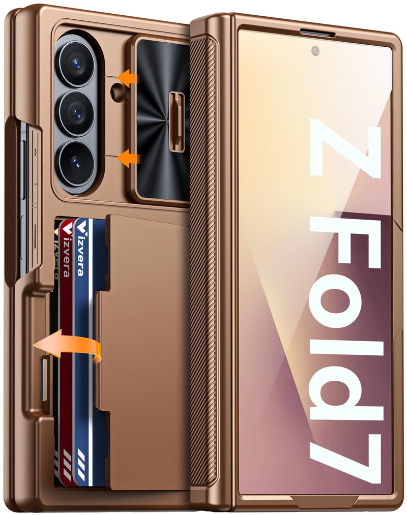 Vizvera for Samsung Galaxy Z Fold 7 Case RFID Wallet with Cards Holder [Hinge Cover] [Camera Cover] Shockproof Silicone Protective Phone Case for Z Fold 7 2025-Desert Gold - Image 1