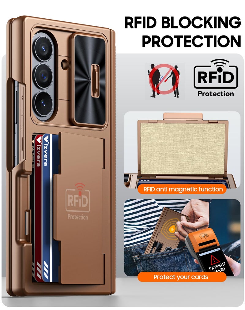 Vizvera for Samsung Galaxy Z Fold 7 Case RFID Wallet with Cards Holder [Hinge Cover] [Camera Cover] Shockproof Silicone Protective Phone Case for Z Fold 7 2025-Desert Gold - Image 3