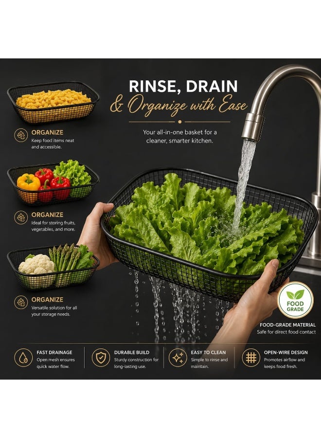 3PCS Rectangular Stainless Steel Mesh Colander Set Sizes 37 × 27 × 7 cm, 33 × 24 × 7 cm & 29 × 21 × 7 cm – Heavy Duty Rust-Resistant Kitchen Strainers for Washing Vegetables, Fruits, Rice & Pasta, Oven Safe Mesh Baskets for Roasting, Baking & Crispy Cooking - Image 4