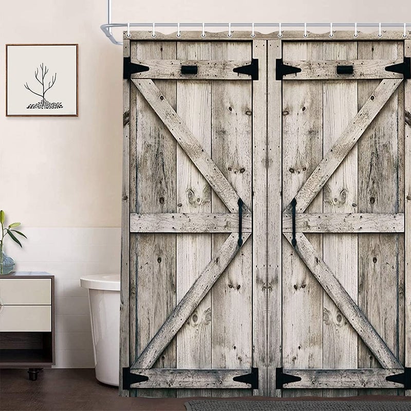 NYMB Rustic Wooden Vintage Farmhouse Wooden Country Barn Door Shower Curtain with 12 Hooks Waterproof Garage Cabin Shower Curtain 60X70in