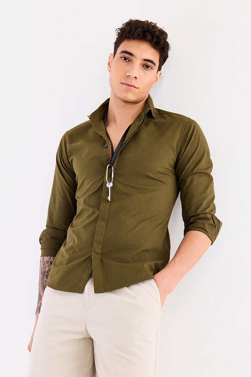 سنيتش Olive Embroidered Long Sleeve Slim Fit Shirt