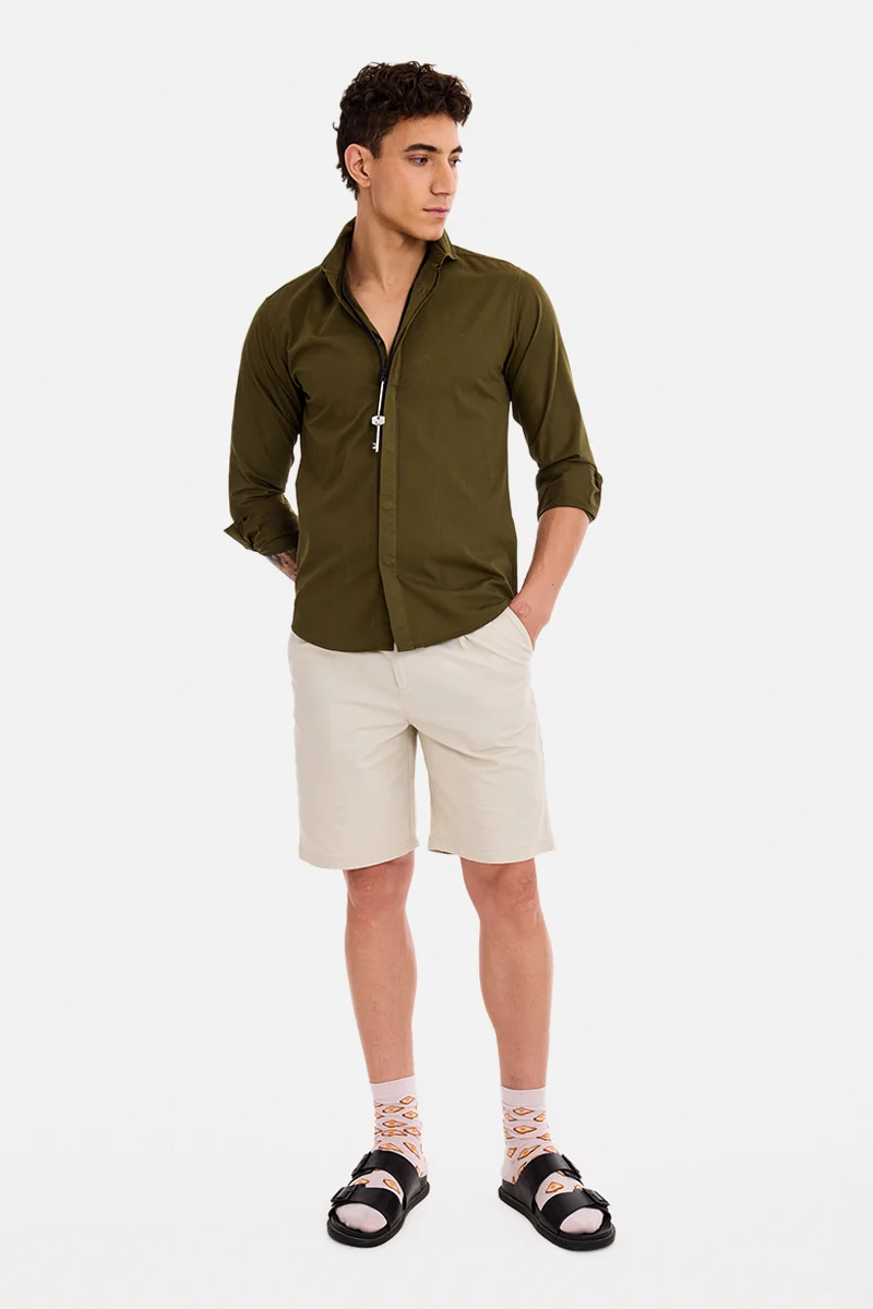 سنيتش Olive Embroidered Long Sleeve Slim Fit Shirt