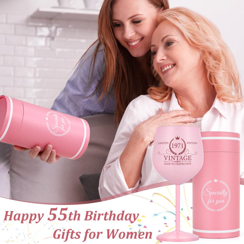 Lifecapido 55th Birthday Gifts for Women, Vintage 1971 Stainless Steel Wine Glass with Wine Bag and Card, 55th Birthday Decorations for Women, 55 Year Old Birthday Gifts for Grandma Mom Friends Wife - Image 2