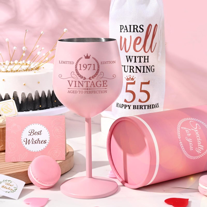 Lifecapido 55th Birthday Gifts for Women, Vintage 1971 Stainless Steel Wine Glass with Wine Bag and Card, 55th Birthday Decorations for Women, 55 Year Old Birthday Gifts for Grandma Mom Friends Wife - Image 3