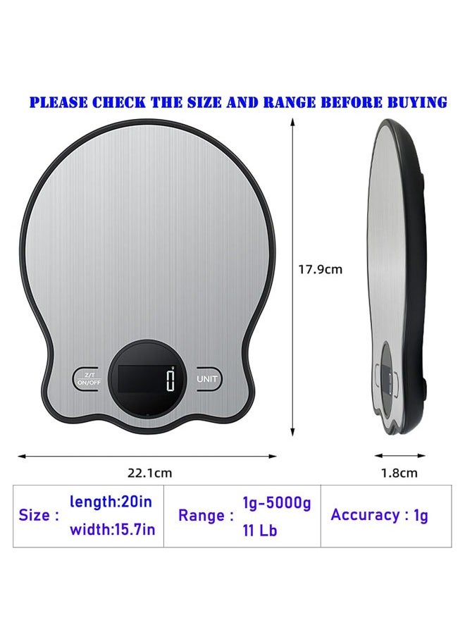 Hihonor - Food Scale, 5kg/11lbs Digital Kitchen Scale Accuracy Gram and Ounces Scale for Cooking, 304 Stainless Steel Scale for Food Weight Loss, Dieting, Cooking, Meal Prep, Coffee, Batteries Included (Silver) - Image 1
