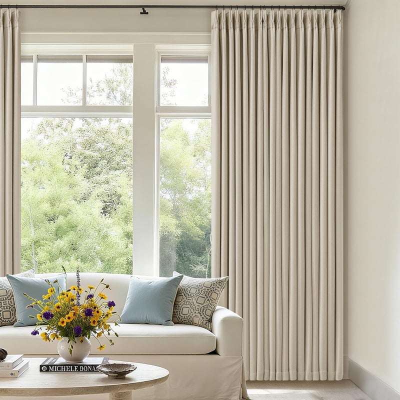 TWODRAPES 70 Inch Extra Wide 100% Blackout Curtain 84 Inches Long for Living Room Pinch Pleated Thick Linen Oatmeal Beige Thermal Drapes Back Tab Room Darkening Black Out for Bedroom Large Window 70x84 1 Panel - Image 1