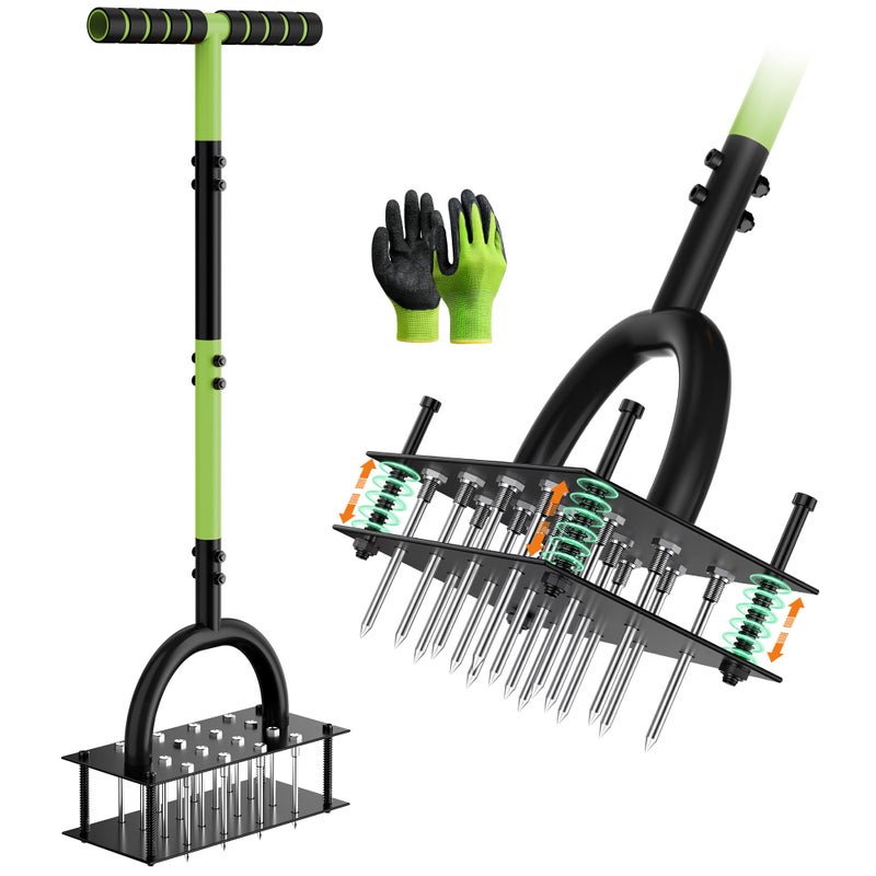 Grenebo Lawn Aerator Manual Aerator Lawn Tool with 16 Spikes, Metal Grass Aerator for Yard, Lawn Aeration, Automatic Soil Ejection, Pre-Assembled Lawn Aerator Tool (Black Green) - Image 1
