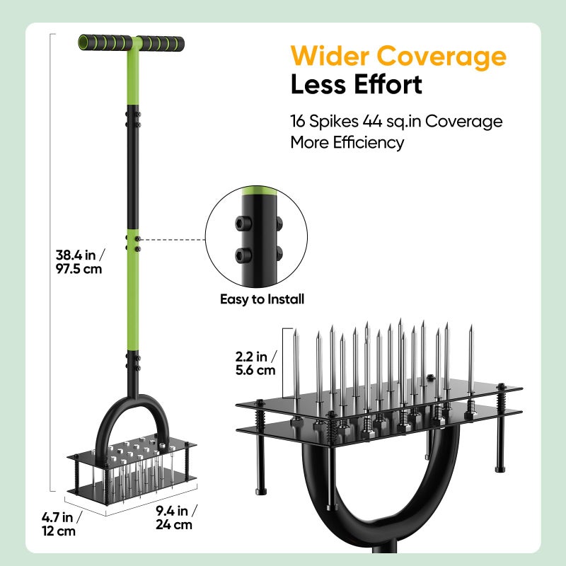 Grenebo Lawn Aerator Manual Aerator Lawn Tool with 16 Spikes, Metal Grass Aerator for Yard, Lawn Aeration, Automatic Soil Ejection, Pre-Assembled Lawn Aerator Tool (Black Green) - Image 3