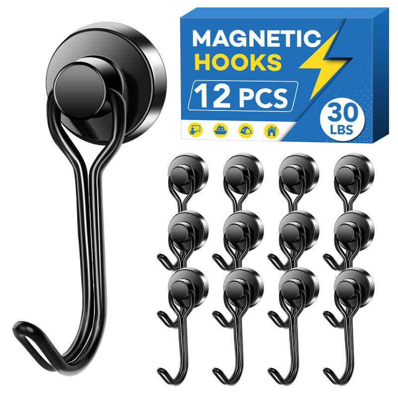 LOVIMAG Hooks, 30lbs+ Magnetic Magnet Hook 2025 Cruise Cabin Ship Essentials Heavy Duty Strong Refrigerator Fridge Hanging for Classroom Beach Vacation Kitchen Grills Home Mug Hanger (12 Pack), Black - Image 1