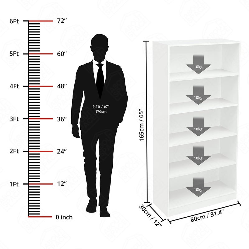 ABOUT SPACE Book Shelf - 5 Tier Engineered Wood DIY Book Rack Multipurpose Book Shelf for Home Library Study Room Long Open Storage Organizer for Bedroom, Living Room (White - L 80 x B 32 x H 165 cm) - Image 2