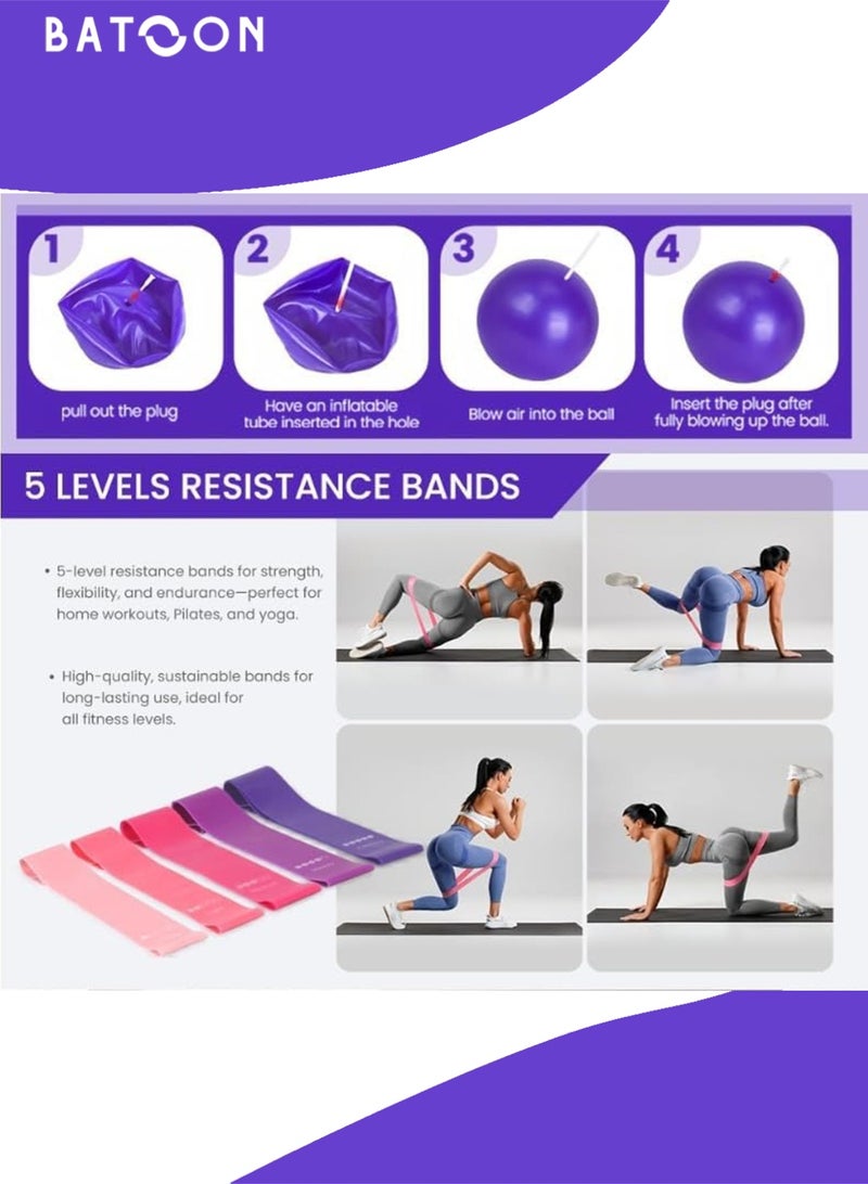 باتون مجموعة حلقات بيلاتيس من 13 قطعة - دائرة سحرية كبيرة لليوجا واللياقة البدنية مقاس 15 بوصة، وكرة لياقة بدنية مقاس 9.8 بوصة، وشريط مقاومة، وملحقات معدات بيلاتيس لصالة الألعاب الرياضية المنزلية، وشد الجسم، وهدية لياقة بدنية - Image 5