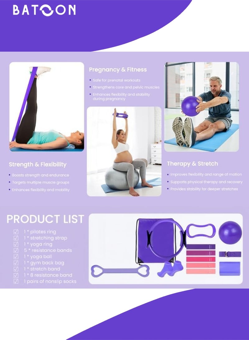 باتون مجموعة حلقات بيلاتيس من 13 قطعة - دائرة سحرية كبيرة لليوجا واللياقة البدنية مقاس 15 بوصة، وكرة لياقة بدنية مقاس 9.8 بوصة، وشريط مقاومة، وملحقات معدات بيلاتيس لصالة الألعاب الرياضية المنزلية، وشد الجسم، وهدية لياقة بدنية - Image 4