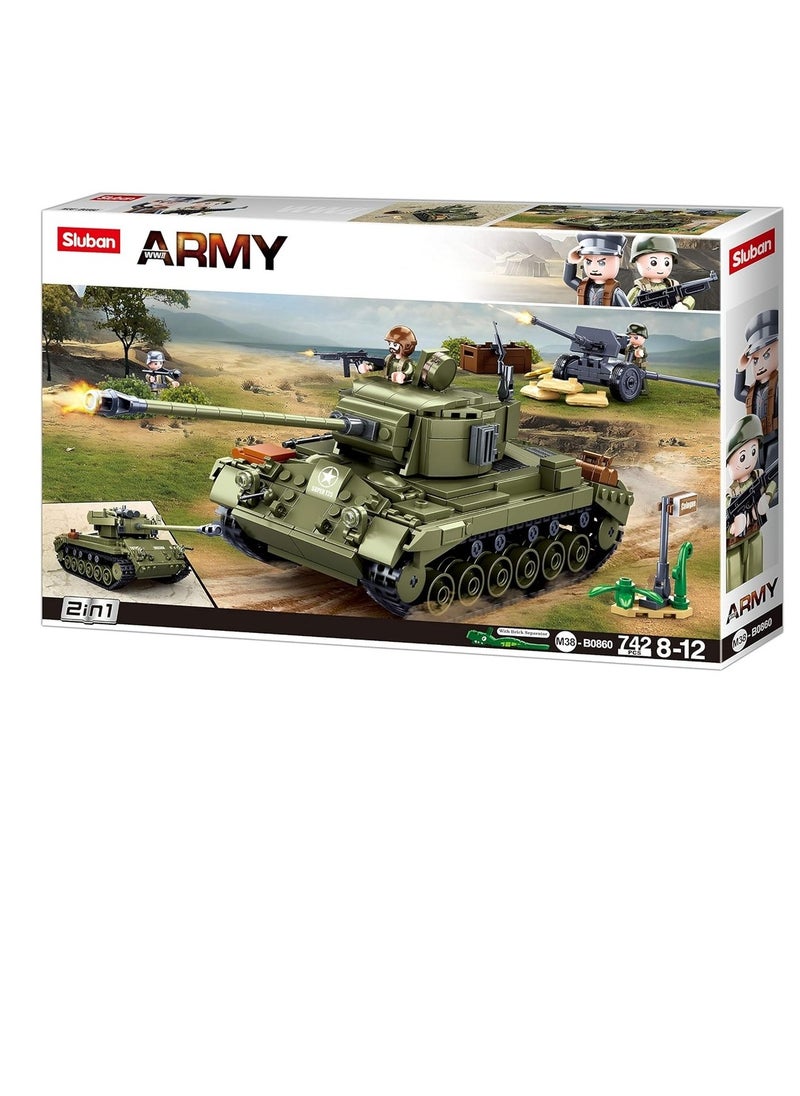Sluban - Sluban - WWII Army Pershing M26 US Battle Tank 2 in 1 with Field Canon Bricks Set 742 Pieces - M38-B0860 - Image 1