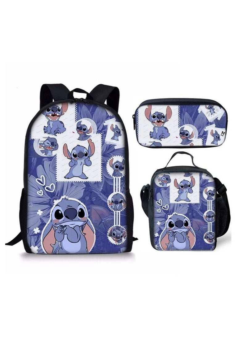 3 Piece Stitch 3D Print Insulated Lunch Backpack Set School Bag For Kids Multicolour - Image 1