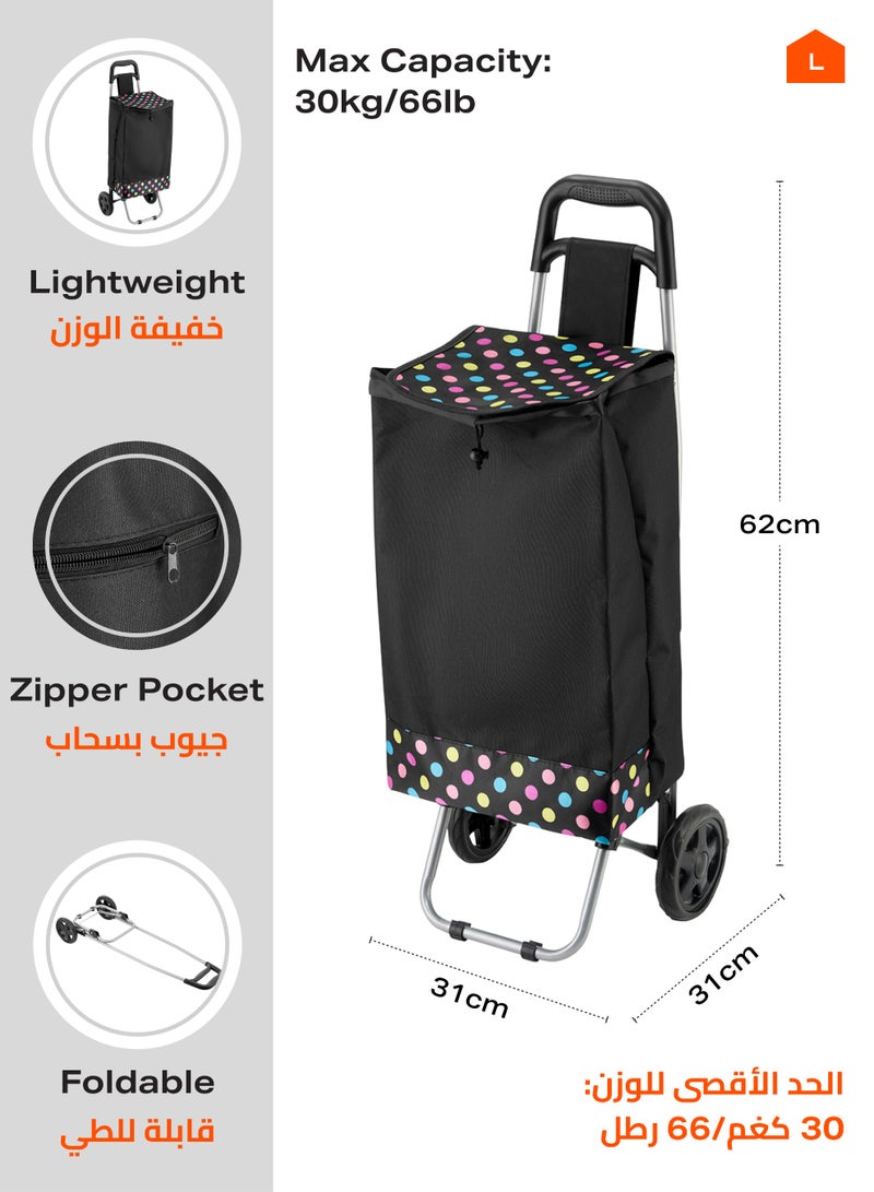 لوازم عربة تسوق - أسود - حقيبة تسوق قابلة للطي بمقبض مريح، إطار حديدي متين، عجلات بلاستيك، قماش بوليستر مقاوم للماء، وجيب خلفي بسحاب - مثالية للتسوق والمشتريات والاستخدام اليومي - Image 2