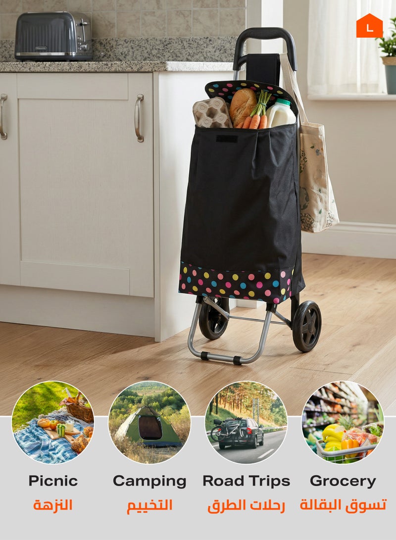 لوازم عربة تسوق - أسود - حقيبة تسوق قابلة للطي بمقبض مريح، إطار حديدي متين، عجلات بلاستيك، قماش بوليستر مقاوم للماء، وجيب خلفي بسحاب - مثالية للتسوق والمشتريات والاستخدام اليومي - Image 5