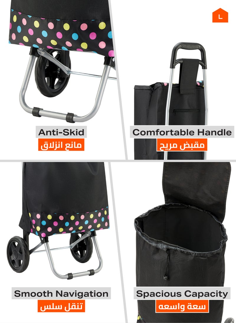 لوازم عربة تسوق - أسود - حقيبة تسوق قابلة للطي بمقبض مريح، إطار حديدي متين، عجلات بلاستيك، قماش بوليستر مقاوم للماء، وجيب خلفي بسحاب - مثالية للتسوق والمشتريات والاستخدام اليومي - Image 3