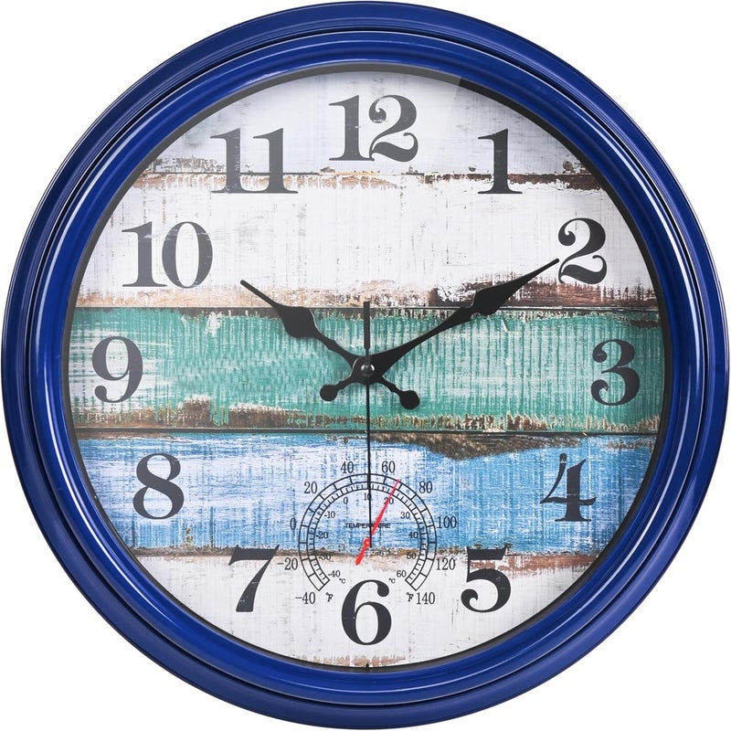 Yoiolclc Large Outdoor Clock Waterproof with Thermometer Vintage Rustic Coastal Clock for Pool Garden Patio (16 Inch) - Image 1