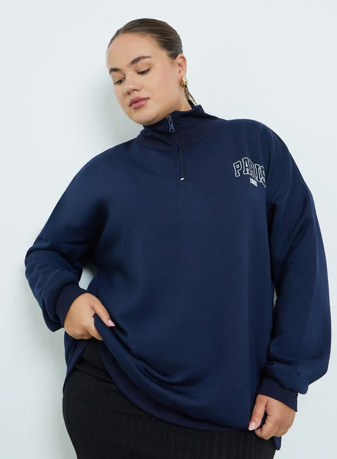 Styli Plus Size Navy Blue Graphic Print Sweatshirt