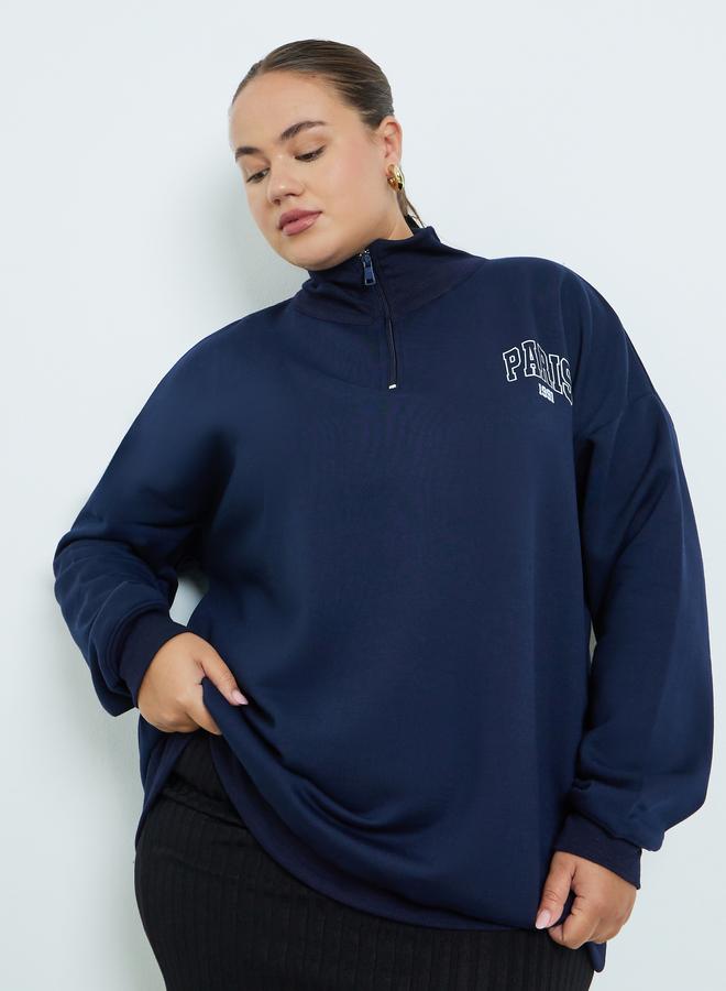 Styli Plus Size Navy Blue Graphic Print Sweatshirt - Image 1