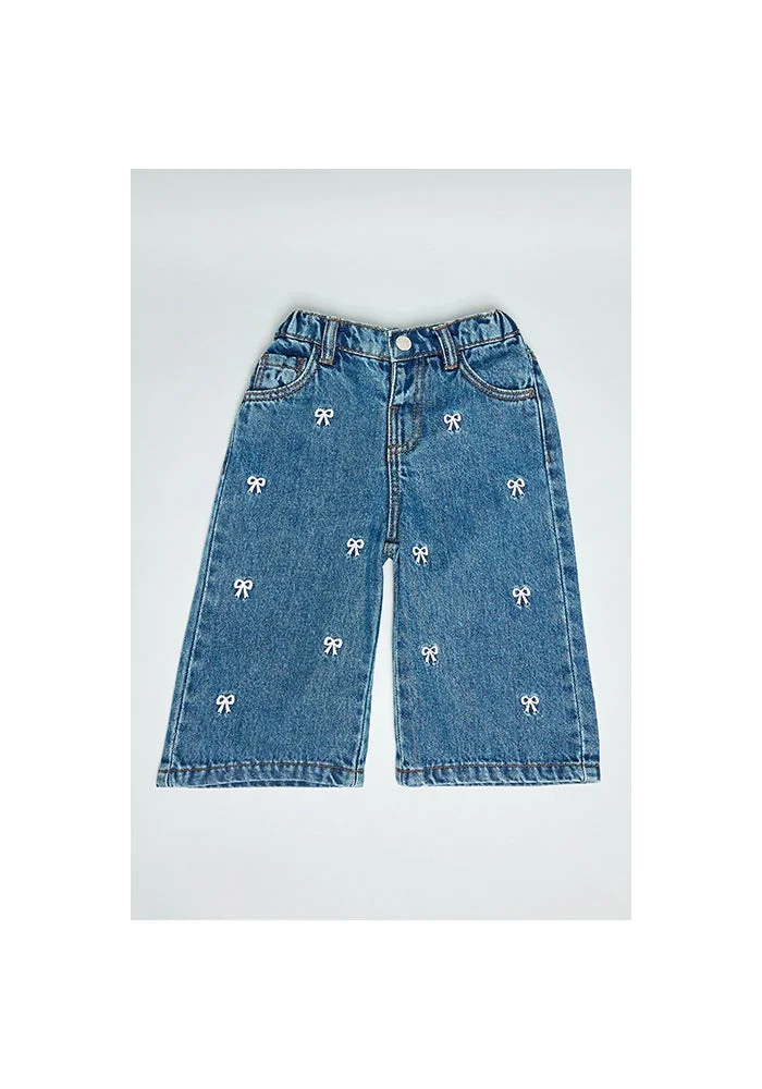 R&b Embroidered Wide Leg Jeans with Button Closure