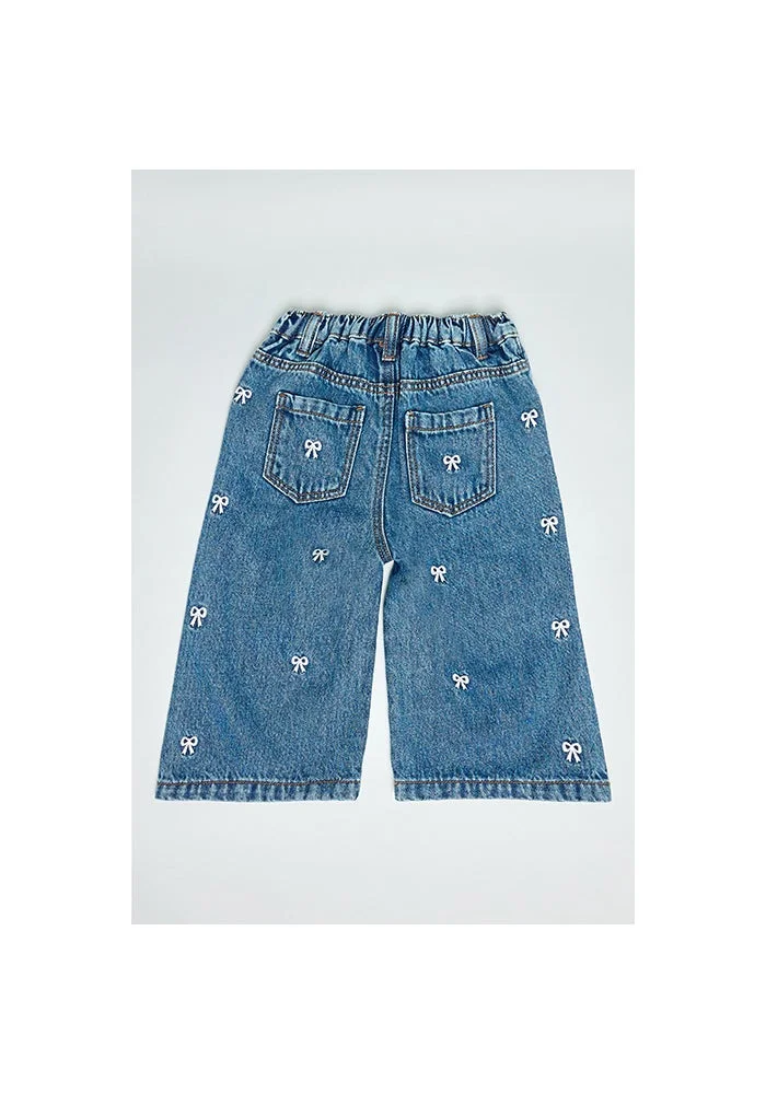 R&b Embroidered Wide Leg Jeans with Button Closure