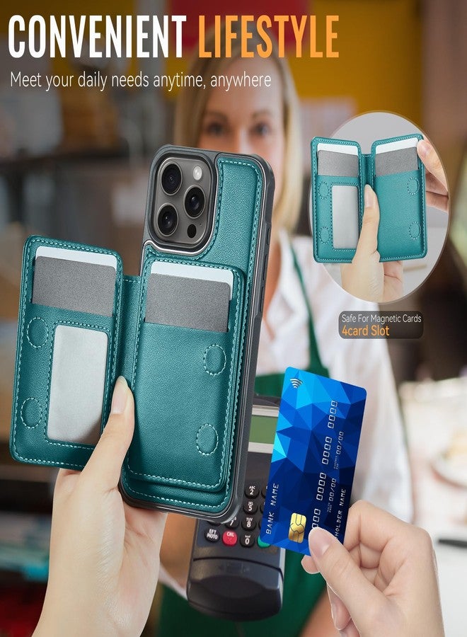Usroom Compatible with Magsafe Wireless Charing for iPhone 16 Pro Max 6.9" Wallet Case, RFID Blocking Card Holder 2 in 1 Detachable Wallet Kickstand Shockproof Case, Bluish Green - Image 4