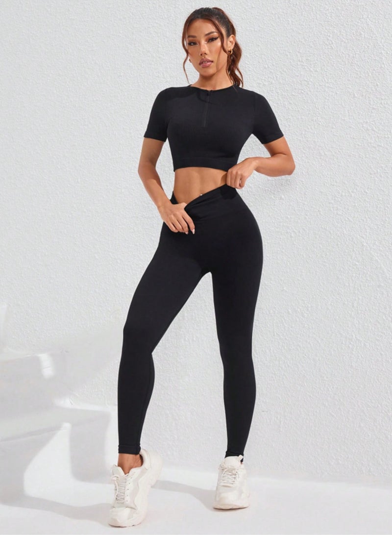 Meilun Black Crop Top and Leggings Activewear Set - Image 1