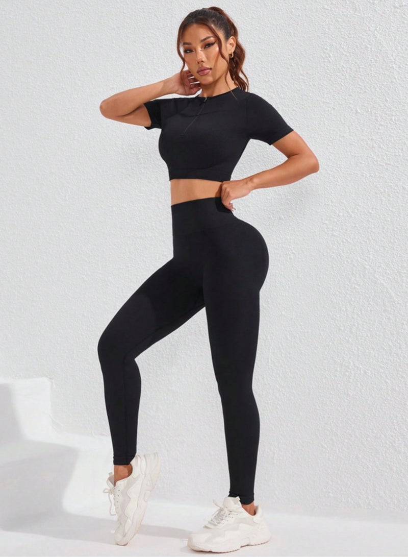 Meilun Black Crop Top and Leggings Activewear Set - Image 4