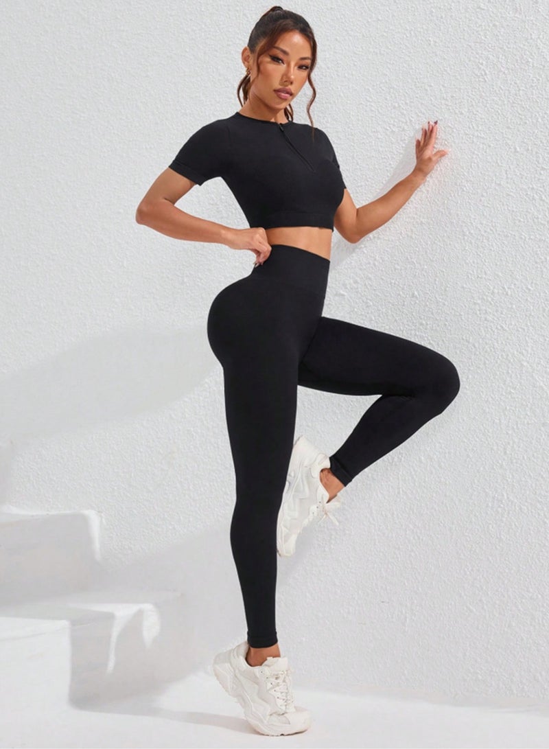 Meilun Black Crop Top and Leggings Activewear Set - Image 5