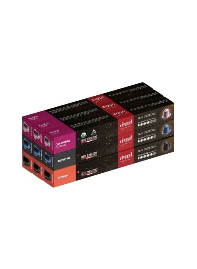 Nespresso Compatible Aluminium Capsules (3 Flavors: Intenso, Ristretto, Organic Colombian), Pack of 9 (90 Capsules)