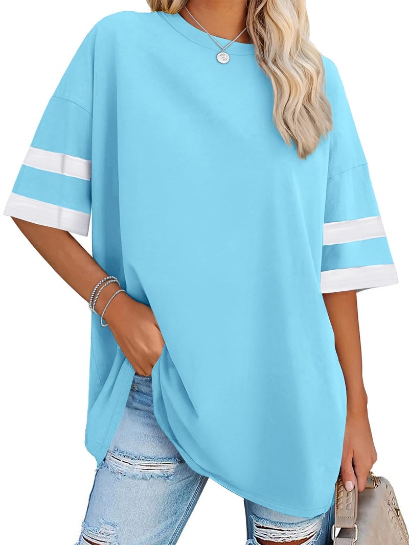 rosemia Oversized Tshirts for Women Summer Round Neck Striped Loose Tee Tops, Pure Light Blue, L - Image 1