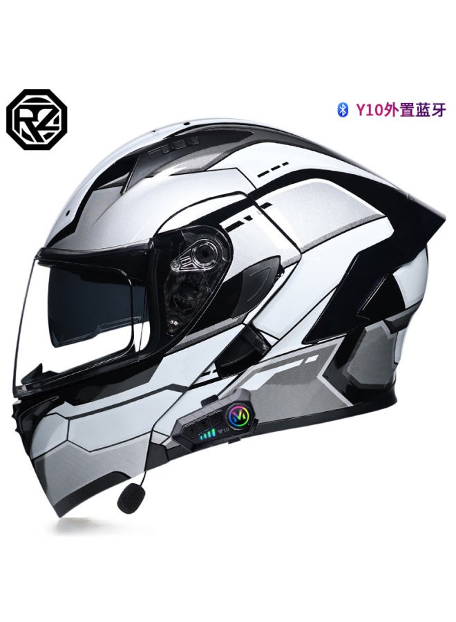 Orz Full Face Motorcycle Helmet with Bluetooth Y10, Silver Gundam Transparent Visor, Winter Warm for Men and Women