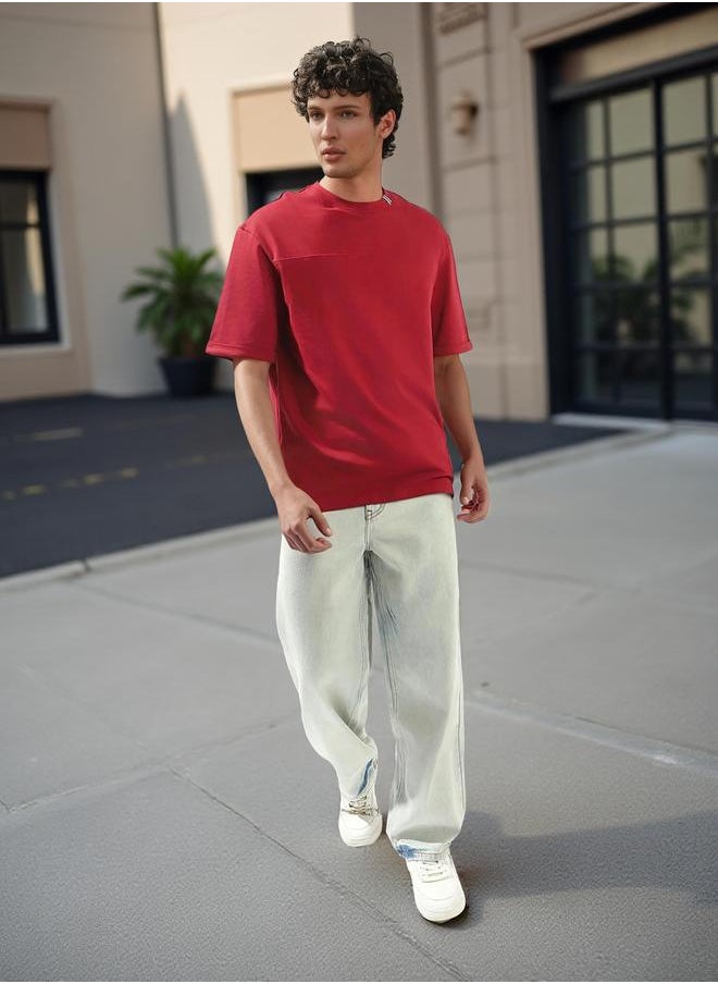 HIGH STAR Men's Red 100% Cotton Solid Relaxed T-Shirt  - Image 2