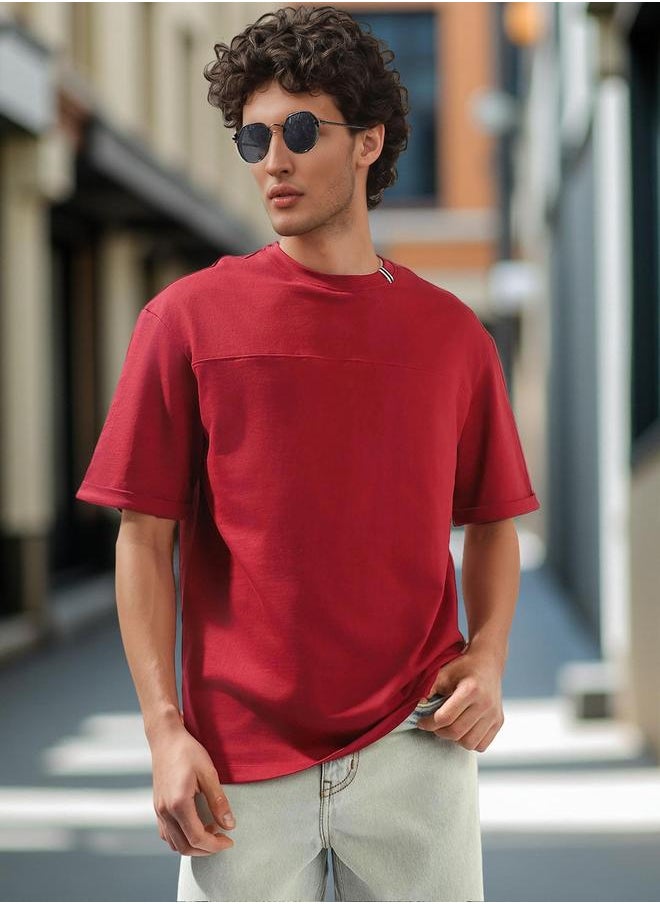 HIGH STAR Men's Red 100% Cotton Solid Relaxed T-Shirt  - Image 1
