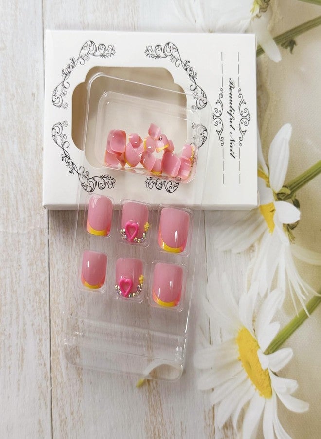 UCCASA Summer French Tip Press on Toenails Short Square Colorful Fake Toe Nails Press ons Nail Art Tip with Rhinestone Heart Design Flower Acrylic Toenails Beach False Toe Nail Stick Glue on Nails for Women - Image 3