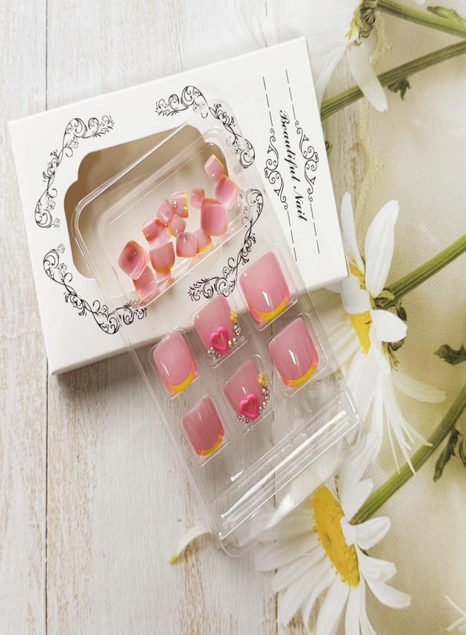 UCCASA Summer French Tip Press on Toenails Short Square Colorful Fake Toe Nails Press ons Nail Art Tip with Rhinestone Heart Design Flower Acrylic Toenails Beach False Toe Nail Stick Glue on Nails for Women - Image 4