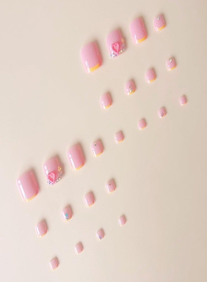 UCCASA Summer French Tip Press on Toenails Short Square Colorful Fake Toe Nails Press ons Nail Art Tip with Rhinestone Heart Design Flower Acrylic Toenails Beach False Toe Nail Stick Glue on Nails for Women - Image 5
