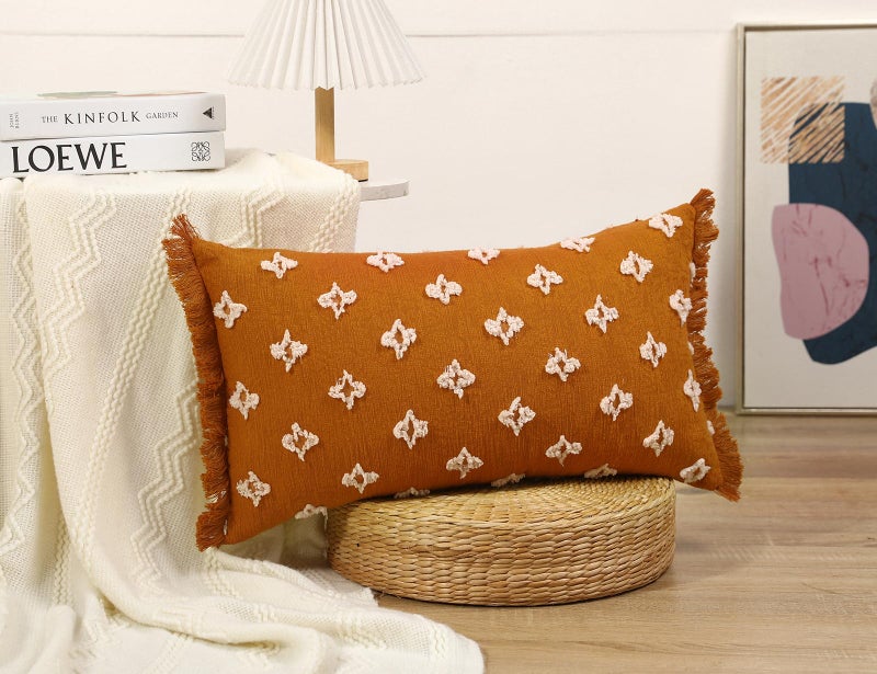 DRNOU Boho Long Lumbar Pillow Cover 12x26 with Tassel 3D Flower Patterned Cotton Decorative Long Lumbar Pillow Cover Pillow Case for Sofa Couch Bed Livingroom Farmhouse Rust Red - Image 2