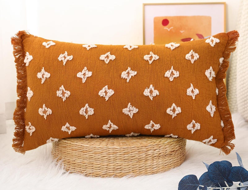 DRNOU Boho Long Lumbar Pillow Cover 12x26 with Tassel 3D Flower Patterned Cotton Decorative Long Lumbar Pillow Cover Pillow Case for Sofa Couch Bed Livingroom Farmhouse Rust Red - Image 1
