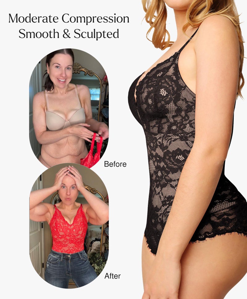 Popilush Shapewear Bodysuit V Neck Tummy Control Backless Lace Tank Tops Sleeveless Thong Bodysuit - Image 4