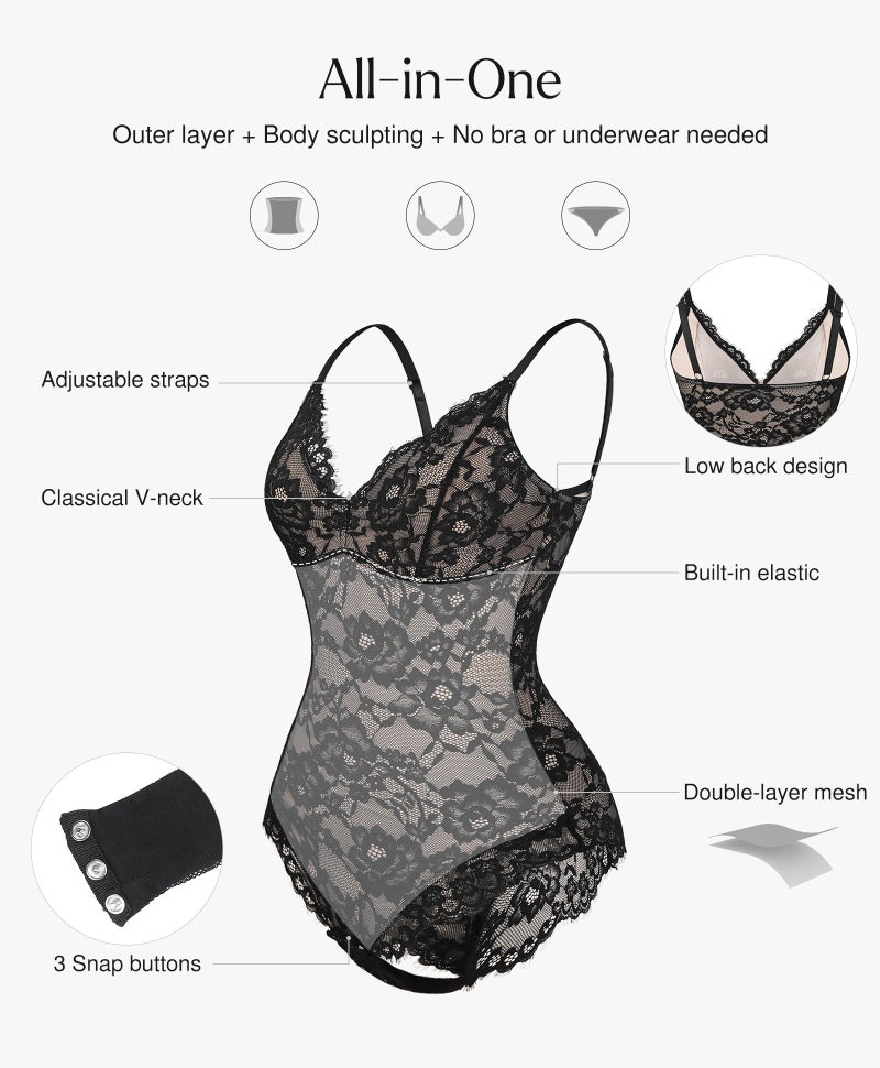 Popilush Shapewear Bodysuit V Neck Tummy Control Backless Lace Tank Tops Sleeveless Thong Bodysuit - Image 3