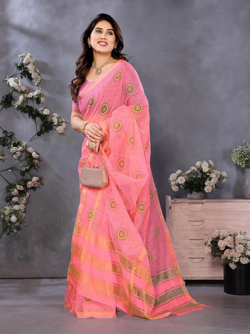 Sidhidata Women's Kota Doria Cotton Bandhani Printed Saree with Unstitched Blouse Piece in Pink - Image 3