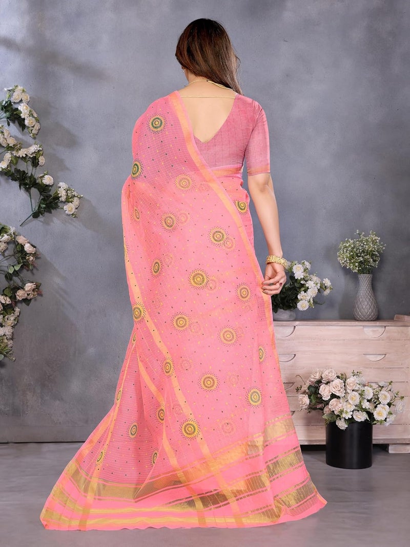 Sidhidata Women's Kota Doria Cotton Bandhani Printed Saree with Unstitched Blouse Piece in Pink - Image 5