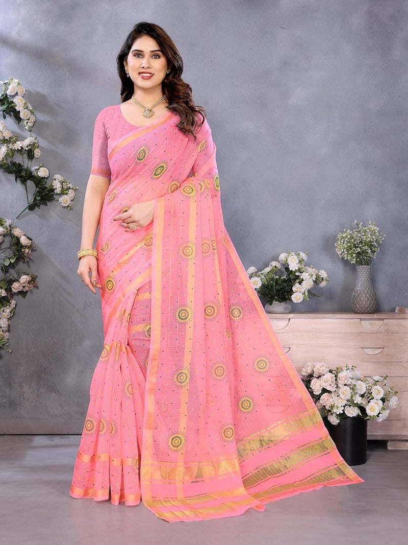 Sidhidata Women's Kota Doria Cotton Bandhani Printed Saree with Unstitched Blouse Piece in Pink - Image 2